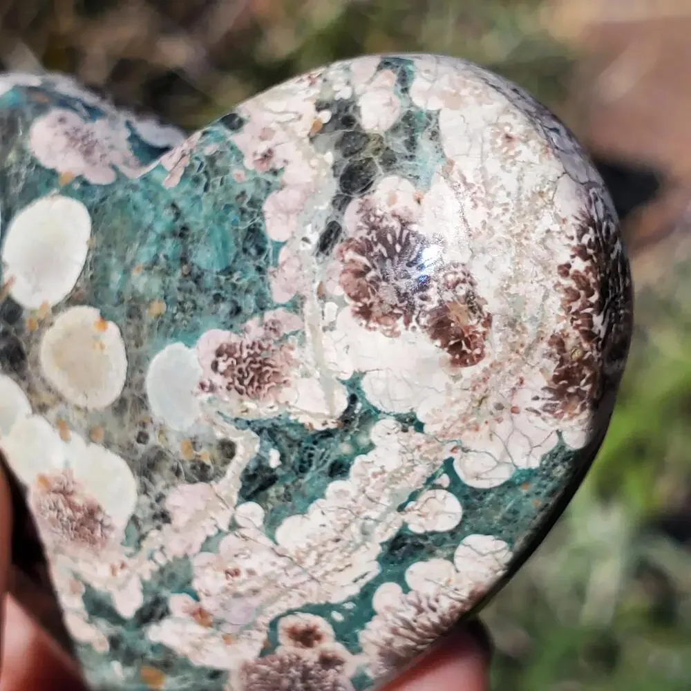 Green Rhyolite Cherry Blossom Puffy Heart Crystal Carving 96 grams
